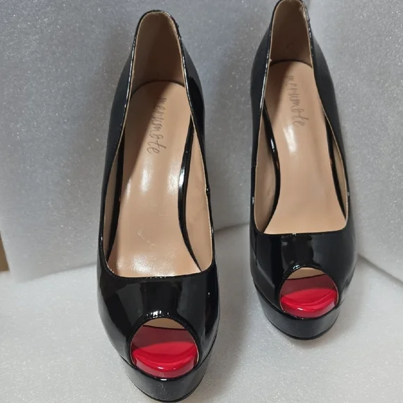 Marumote 6" SHINEY BLACK STILETTOS W/ RED PEEP VALENTINE'S DIVA 9.5 - Picture 3 of 17